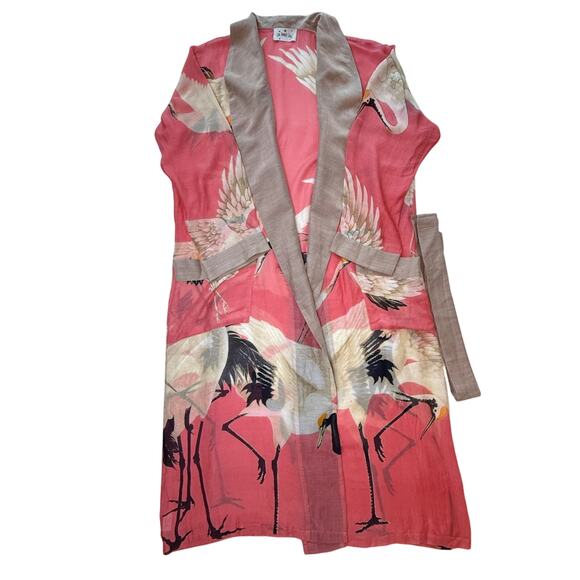 One Hundred Stars Crane Print Kimono Robe Coral Pink Modal Blend OS - Picture 2 of 16